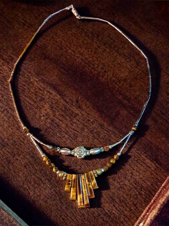 Jewelry - Genuine Tgr brown beads Bar Pendant Necklace in Brown and  Silver